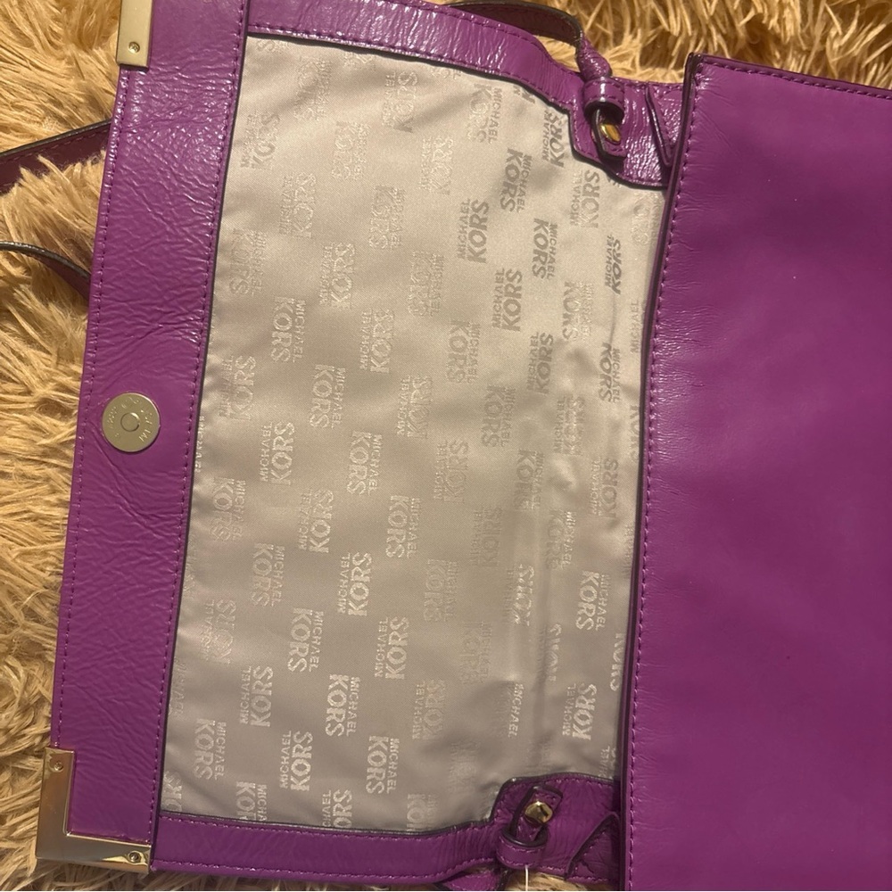 Michael Kors Purple Leather Fold-Over Wristlet Clutch with Metal Corner Accents - Picture 7 of 15